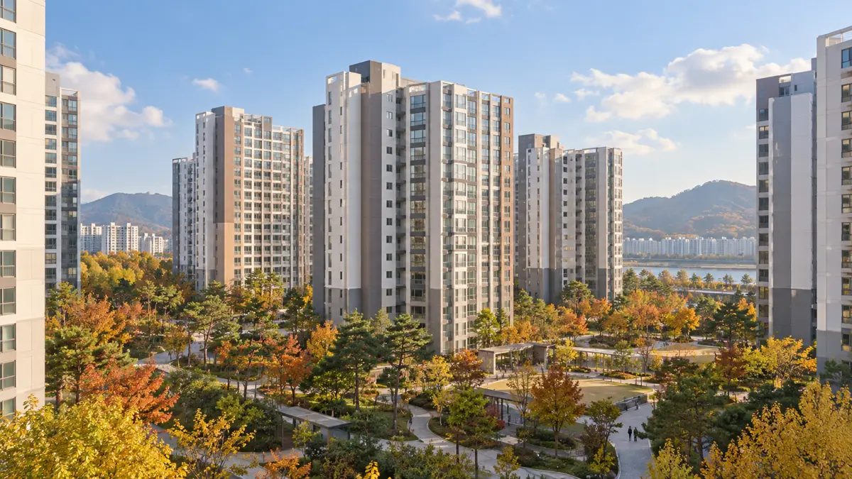가을 단풍과 산책로가 있는 아파트 단지 전경 — 단지 정보 이미지 예시